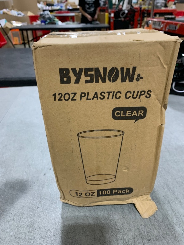 Photo 1 of BYSNOW 100 Pack 12 oz Clear Plastic Cups, Disposable Wine Cups for Cocktail Party, Polystyrene Hard Plastic Cup with Higher Heat Resistance(12oz 100count)