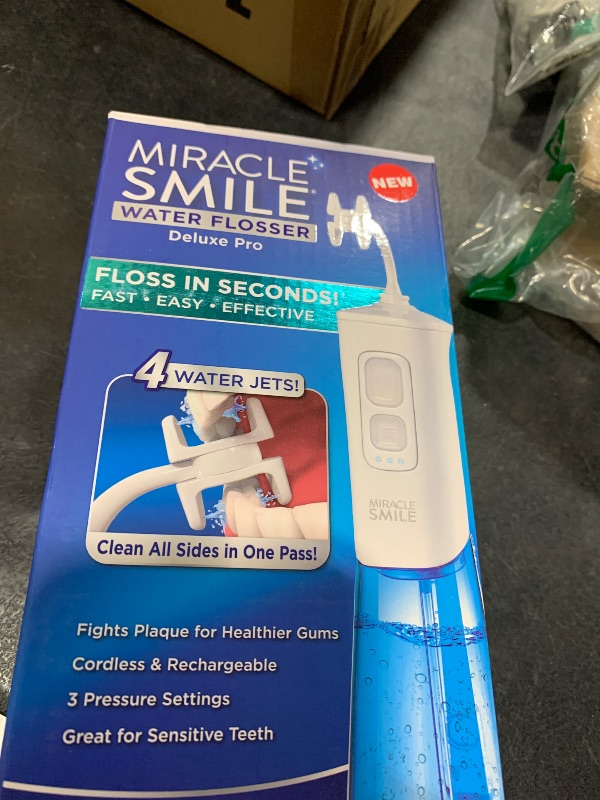 Photo 1 of Ontel Miracle Smile Water Flosser for Teeth&Gum Health, Unique H-Shaped Flossing Head&4 Water Jets, Cordless Water Flosser Features 360° Cleaning&3 Pressure Modes, USB Rechargeable Dental Floss, White