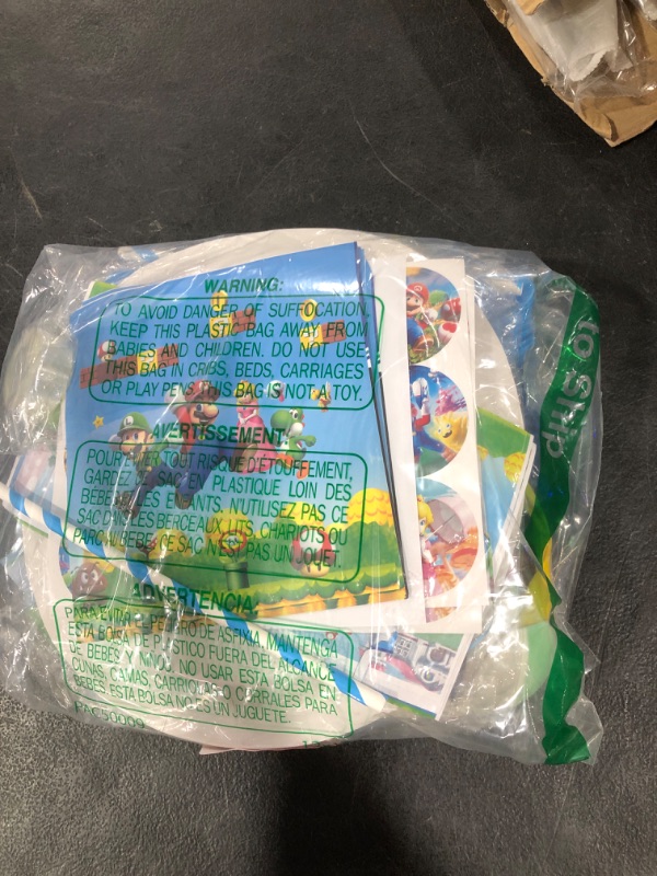 Photo 1 of Mario Birthday Party Supplies, Mario Bros Party Decorations Include Banner, Hanging Swirls, Backdrop, Tableware, Cake Toppers, Bottle Labels, Chocolate Stickers