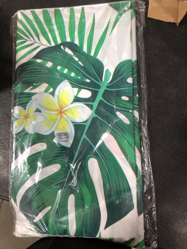Photo 1 of Tatuo 3 Pieces Hawaiian Luau Party Tablecloth Palm Leaves Table Cloth 54 x 108 Inches Plastic Disposable Table Decorations for Summer Pool Beach Cocktail Aloha Safari Jungle Party Supplies