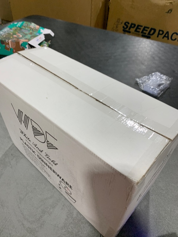 Photo 1 of WDF Partyware 350Piece Gold Dinnerware Set for 50 Guests - Gold Plastic Plates with Disposable Cutlery Include:50Dinner Plates-50Dessert Plates-50Pre Rolled Napkins with Silverware for Father's Day