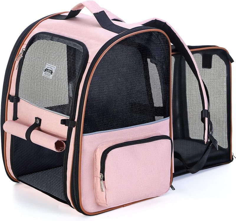 Photo 1 of Lekebobor Large Cat Backpack Carrier Expandable Pet Carrier Backpack for Small Dogs Medium Cats Fit Up to 18 Lbs, Dog Backpack Carrier, Foldable Puppy Backpack Carrier for Travel, Hiking,Pink
