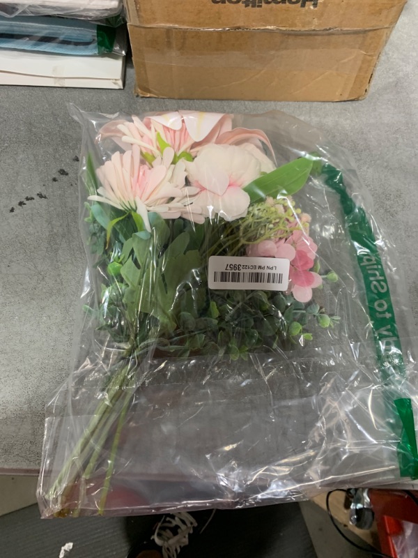 Photo 1 of Peauley Artificial Fake Faux Flowers Silk Flower Arrangements Bouquets with Lilies, Buttercup, Hydrangea, Chrysanthemum, babysbreaths (Pink)