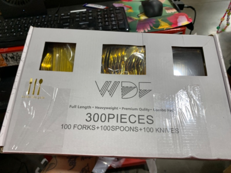 Photo 1 of WDF300 Pieces Gold Plastic Silverware - Heavy Duty Disposable Gold Cutlery Set Plastic Gold Silverware Set Plastic Includes 100 Forks, 100 Spoons, 100 Knives for Party