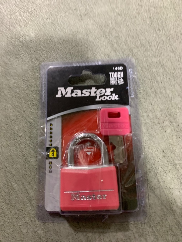 Photo 1 of Master Lock Pink Covered Aluminum Keyed Padlock with Steel Shackle, Lock for Gym or School Locker with 1-9/16 Inch Lock Body, 146D