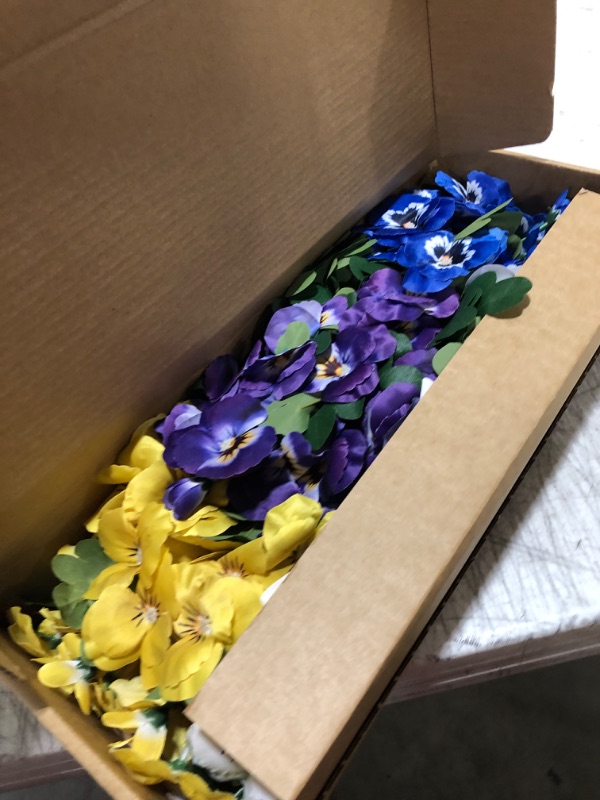 Photo 1 of QIANYUN 12 Bundles Artificial Flowers Outdoor UV Resistant Artificial Pansies Faux Plastic Flower in Bulk Fake Outdoor Plants (12, White/Purple/Blue/Yellow)