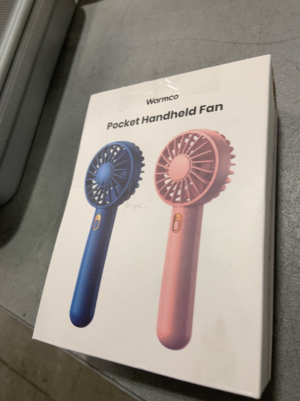 Photo 1 of Warmco Mini Portable Fan 2-Pack - 3 Speed Rechargeable Handheld & Desk Fan with Base, Compact Cooling for Travel, Makeup, Summer Gift (Blue & Pink)