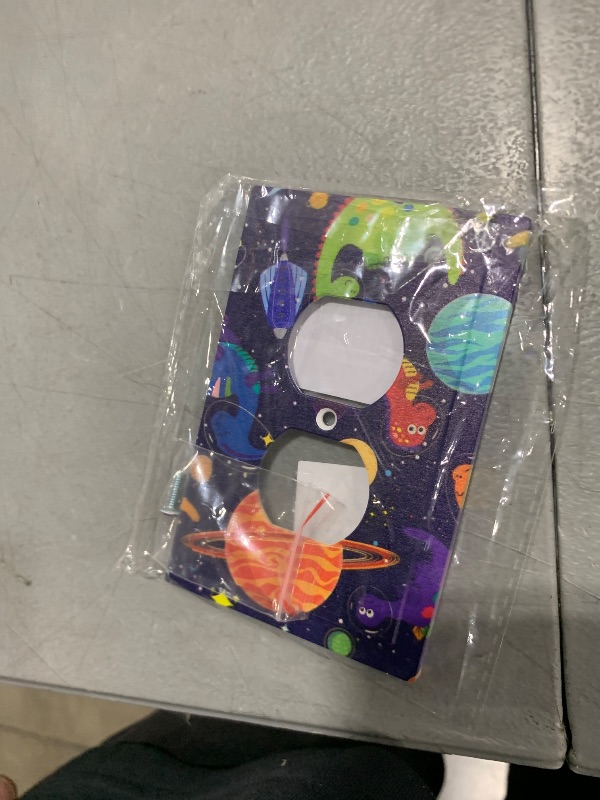Photo 1 of 1 Gang Duplex Receptacle Switch Wall Plate Blue Cute Cartoon Dino Kids Dinosaur Universe Galaxy Outer Space Cosmos Planet Nebula Boy Girl Switchplate Mid Electrical Outlet Cover Receptacle Plug Cover