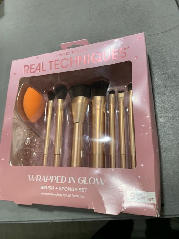 Photo 1 of Real Techniques Wrapped In Glow Brush + Sponge 9 Piece Holiday Gift Set, Complete Makeup Brush Set, Foundation Sponge, Seamless Blending & Travel Case, Stocking Stuffer, Limited Edition, Latex-Free