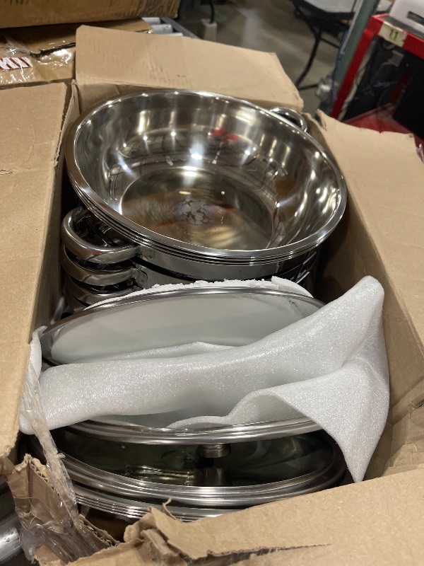 Photo 1 of WARMOUNTS 4-Pack Chafing Dish Buffet Set, 5QT Round Buffet Servers Warmers Set, Stainless Steel Catering Food Warmer with Glass Lid & Holder for Party
