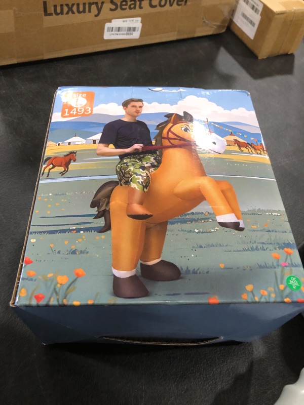 Photo 1 of KOOY Inflatable Horse Costume Adult Ride On Horse Costumes Cowboy Blow Up Funny Riding Horse Suit for Men Women Halloween Party