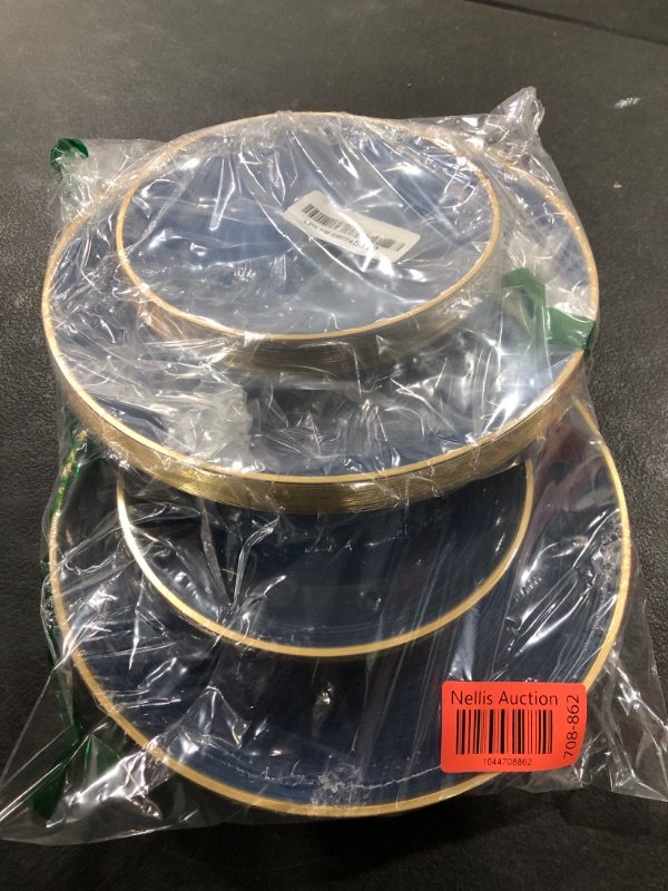 Photo 1 of PLASTICPRO 128 Pieces Crystal Design Plastic Plates Combo Pack 7 inch and 10 inch Gold Rim Elegant Disposable Plates, Transparent Blue