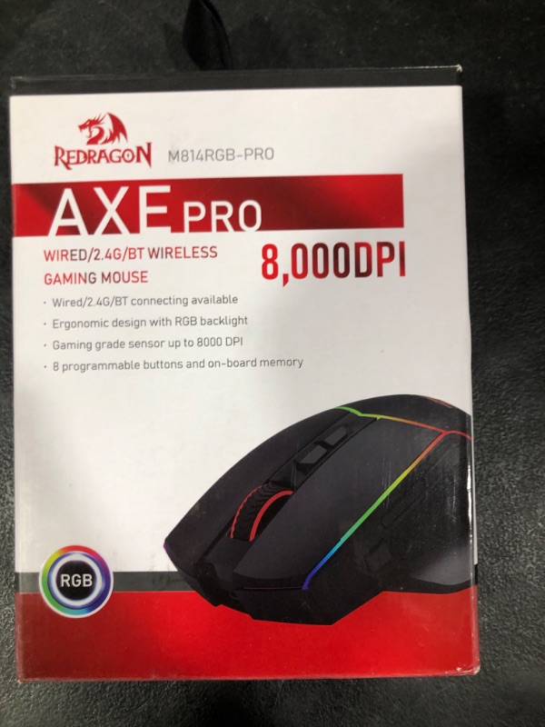 Photo 1 of Redragon Wireless Gaming Mouse, Tri-Mode 2.4G/USB-C/Bluetooth Ergonomic Mouse Gaming, 8000 DPI, RGB Backlit Programmable Wireless Mouse, Rechargeable, 250 Hrs for Laptop PC Mac, M814