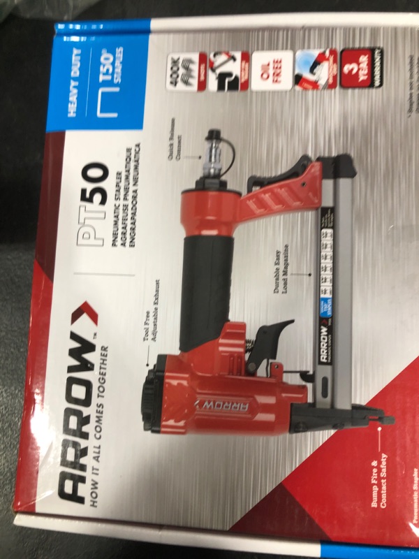 Photo 1 of Arrow PT50 Oil-Free Pneumatic Staple Gun, Professional Heavy-Duty Stapler for Wood, Upholstery, Carpet, Wire Fencing, Fits 1/4”, 5/16”, 3/8", 1/2", 9/16” Staples , Red