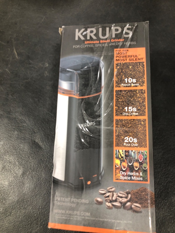 Photo 1 of KRUPS: 3oz Coffee Grinder, Ultimate Silent Vortex Plastic and Stainless Steel Grinder with Removable Bowl Mess-Free, 8 Times Quieter, 2 Speeds 240 Watts,Dry Herbs,Dishwasher Safe,12 cups ground Silver