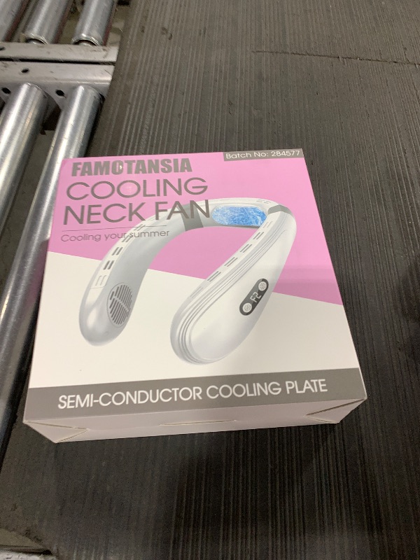 Photo 1 of FAMOTANSIA Neck Fan, Neck Air Conditioner Wearable Personal Fan with Cooling Plate, 4400mAh Large Battery, Ergonomic Design, White, for Men & Dad Idea