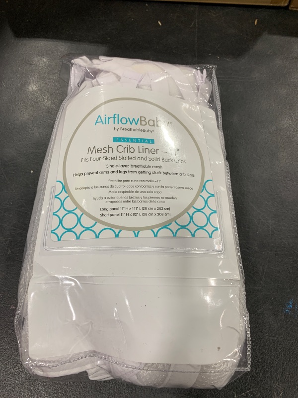 Photo 1 of AirflowBaby by BreathableBaby, Breathable Mesh Liner for Cribs with 52"x28" (132x70cm) Mattress, White, Essential 2mm Mesh, 11" H (28cm) Style Covers 3 or 4 Sides, Safety Tested (Not for Mini Cribs)