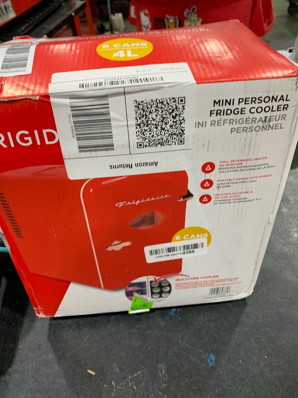 Photo 1 of Frigidaire Red Mini Personal Fridge Cooler, 1 Gal Capacity fits Six Cans, Includes Plugs for Home Outlet & DC Charger - 9.9" D x 7.1" W x 10.6" H