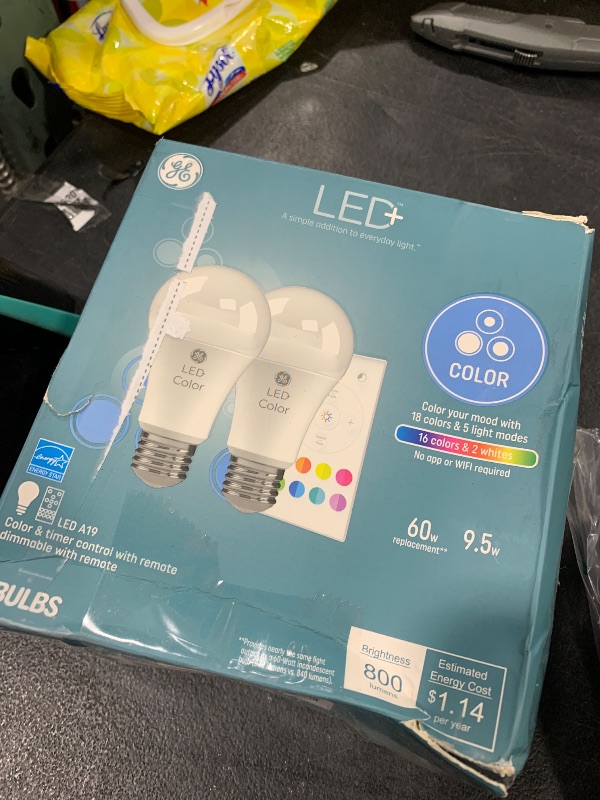 Photo 1 of GE LED+ Color Changing LED Light Bulbs with Remote, No App or Wi-Fi Required, A19 Standard Bulbs (2 Pack)