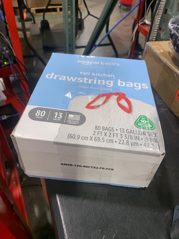 Photo 1 of Amazon Basics 13 Gallon Tall Kitchen Drawstring Trash Bags, Clean Fresh Scent, 10% Post Consumer Recycled, 80 count