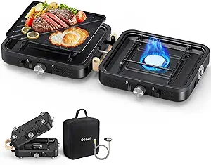 Photo 1 of OGERY 2-Burner Foldable Camping Stove with Griddle (Textured & Smooth) and Carrying Bag, Portable Propane Camp Stove with 2 Adjustable Burners & Piezo Ignition, for Camping Tailgating Essentials Gear