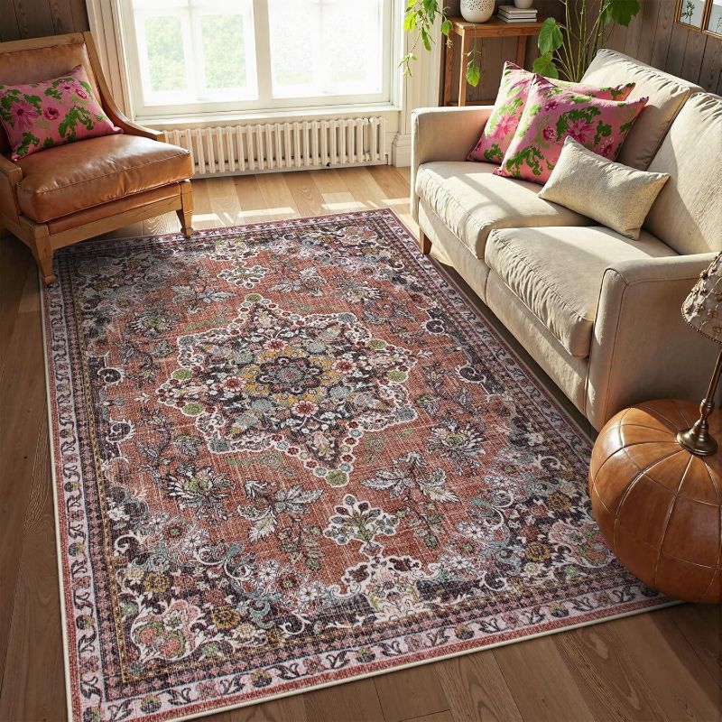 Photo 1 of Lahome Oriental Washable Rug for Living Room, Ultra-Thin Soft 8 x 10 Rug Non-Slip Green Boho Rug for Bedroom, Non-Shedding Vintage Area Rug for Dining Room Office (Terracotta, 8'x10')
