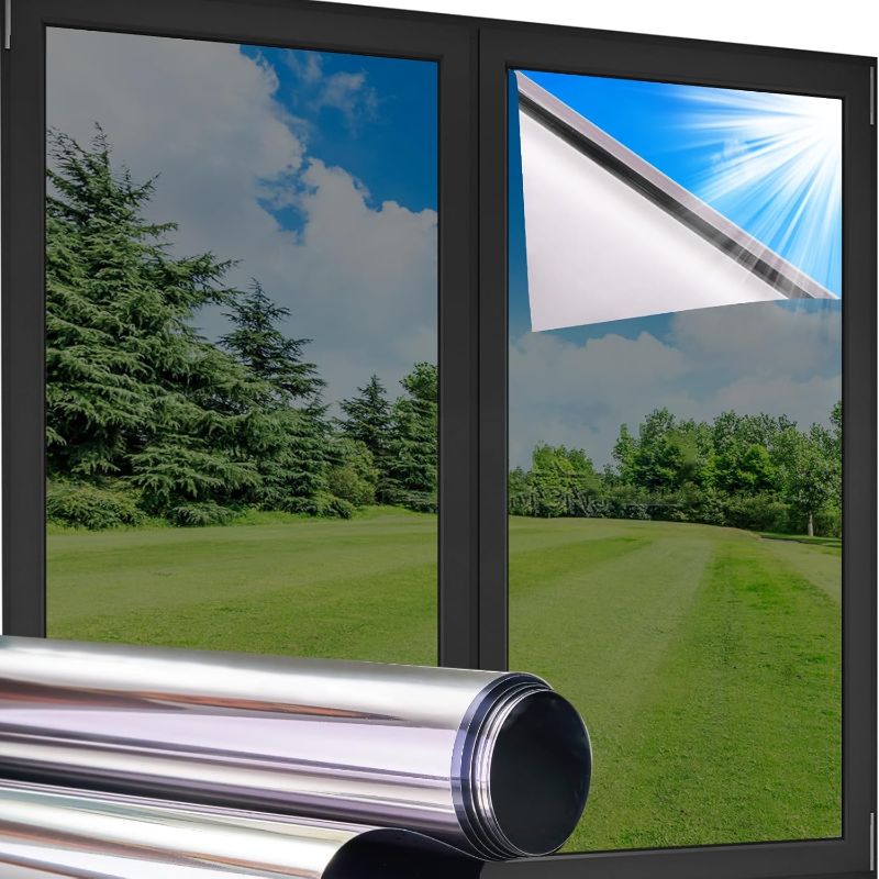 Photo 1 of Coavas One Way Privacy Window Film,Reflective Home Glass Mirror Tint See Out Not in,Heat UV Blocking Static Cling for Office Front Door Daytime Privacy Covering, Silver,35.4x78.7 in
