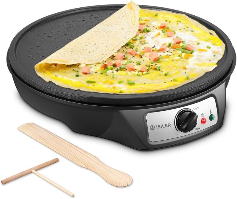 Photo 1 of Electric Crepe Maker, iSiLER Nonstick Pancake Maker Griddle, 12 inches Crepe Pan with Spreader & Spatula, Temperature Control for Roti, Tortilla, Eggs