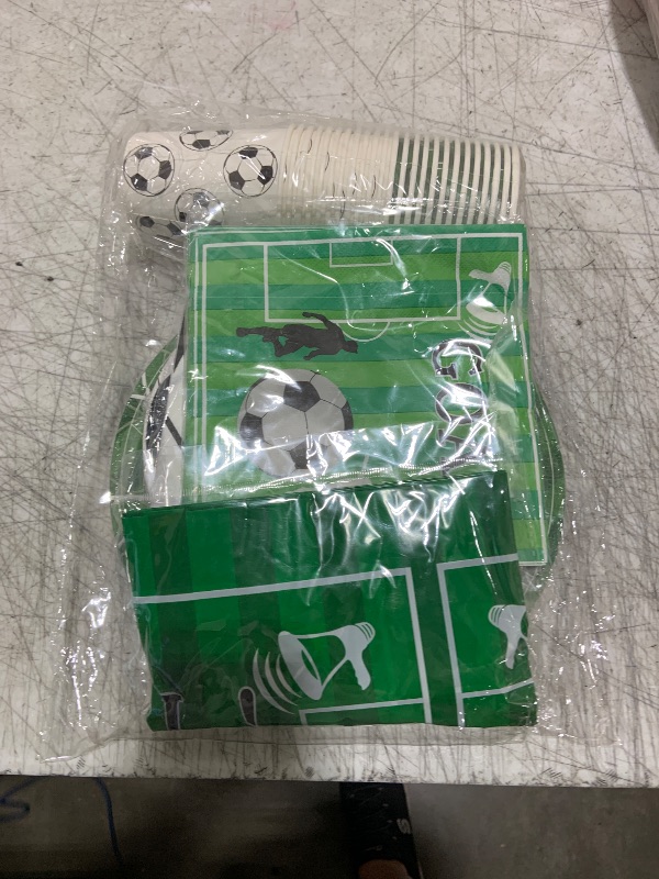 Photo 1 of Soccer Party Decorations 98Pcs Soccer Birthday Party Decorations Suppiles Set Include Dinner Plates, Dessert Plates, Napkins, Cups, Banner and Tablecloth Soccer Theme Party Favors Kit