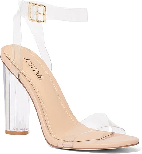 Photo 1 of JustFab Women's Clear Chunky High Heels Sandals with Open Toe Ankle Strap Block Heels for Women Clear Shoes Dressy Perfect for Party and Dress Pumps - Hanna (recommend 1/2 size up)
