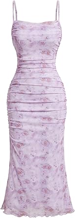 Photo 1 of GORGLITTER Women's Floral Ruched Bodycon Midi Dress Mesh Sleeveless Fishtail Cami Dresses Size L
