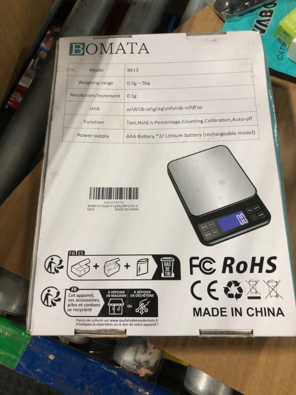 Photo 1 of BOMATA Large Kitchen Scale with 0.1g/0.001oz High Precision, 5kg/11lb Bakery Scale with% Percentage Function, USB Rechargeable, Full-View Angle LCD with Backlight, Stainless Steel Pan