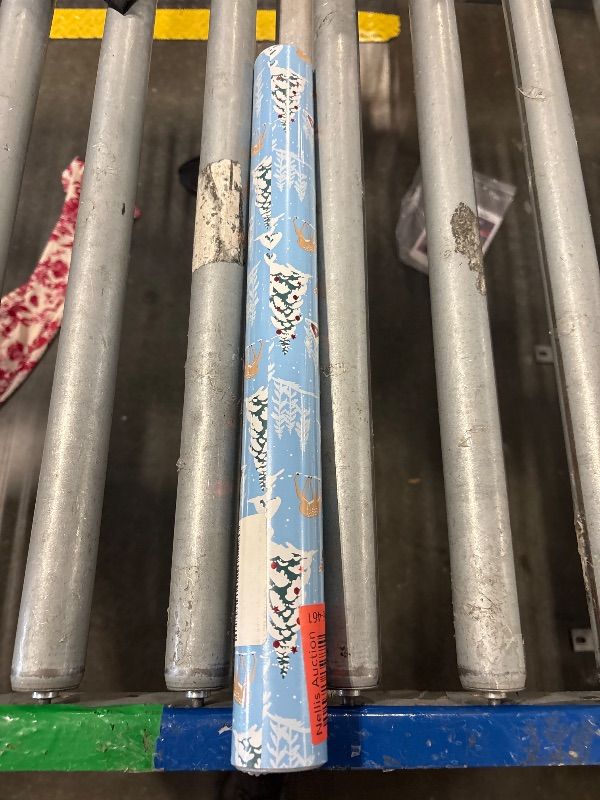 Photo 1 of Garbendy Blue Christmas Wrapping Paper Roll - 17in x 32.8ft - Reindeer, Christmas Tree & Red House with Glitter Red Foil Designs Gift Wrap Paper with Cut Lines on Reverse. 