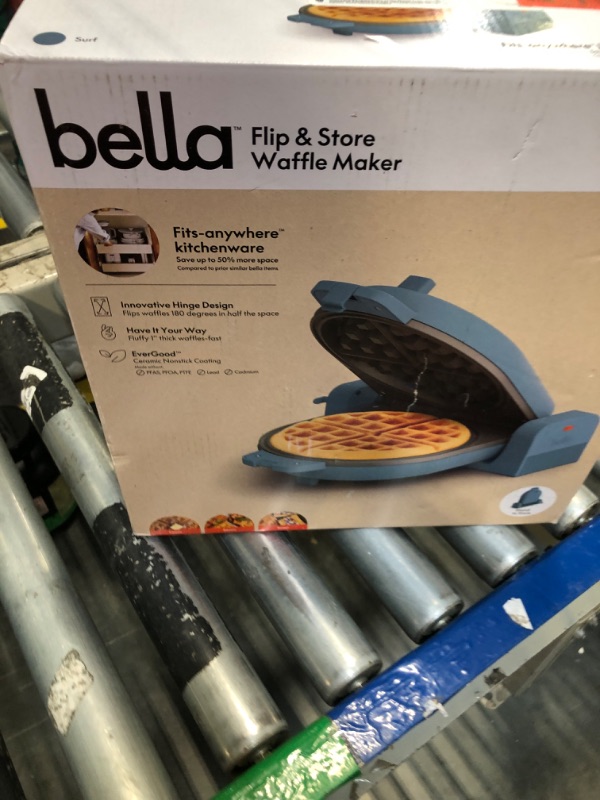 Photo 1 of bella Flip-n-Store Belgian Waffle Maker, EverGood™ Ceramic Nonstick Coating, Fits-anywhere™ Kitchenware, Power Indicator Light & Touch Handle, 7” Wide & 1" Deep Plates, 1000 Watt, Surf