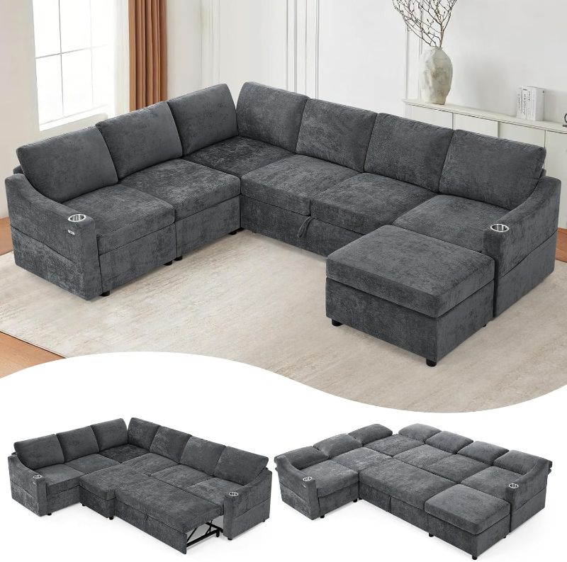 Photo 1 of 108 Inch Sectional Sleeper Sofa with Pull Out Bed, U Shaped 7 Seat Modular Sectional Sofa with Storage, Sectional Couches for Living Room, Cloud Modular Couch, Removable Sofa Cover, Dark Grey