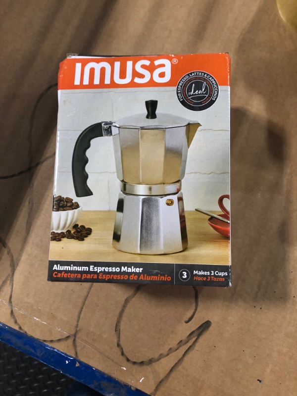 Photo 1 of IMUSA USA B120-42V Aluminum Espresso Stovetop Coffeemaker 3-Cup, Silver (Pack of 1)