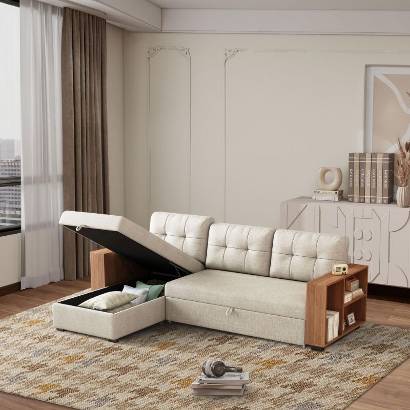 Photo 1 of ***SET OF 02 BOXES***Ball & Cast 84" Sectional Sleeper Sofa with Storage Chaise,L Shaped Pull Out Couch Bed with Wooden Armrests and 3 Removable Back Cushion for Living Room,Apartment,Office,Beige
