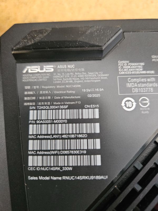 Photo 1 of ROG NUC 970 Full System Mini PC with Intel 14th Gen Core Ultra 9 185H, NVIDIA GeForce RTX 4070 Discrete Graphics, 32GB DDR5 RAM, 1TB PCIe G4x4 NVMe SSD, Win 11, ARGB Lighting, Vertical Stand Included