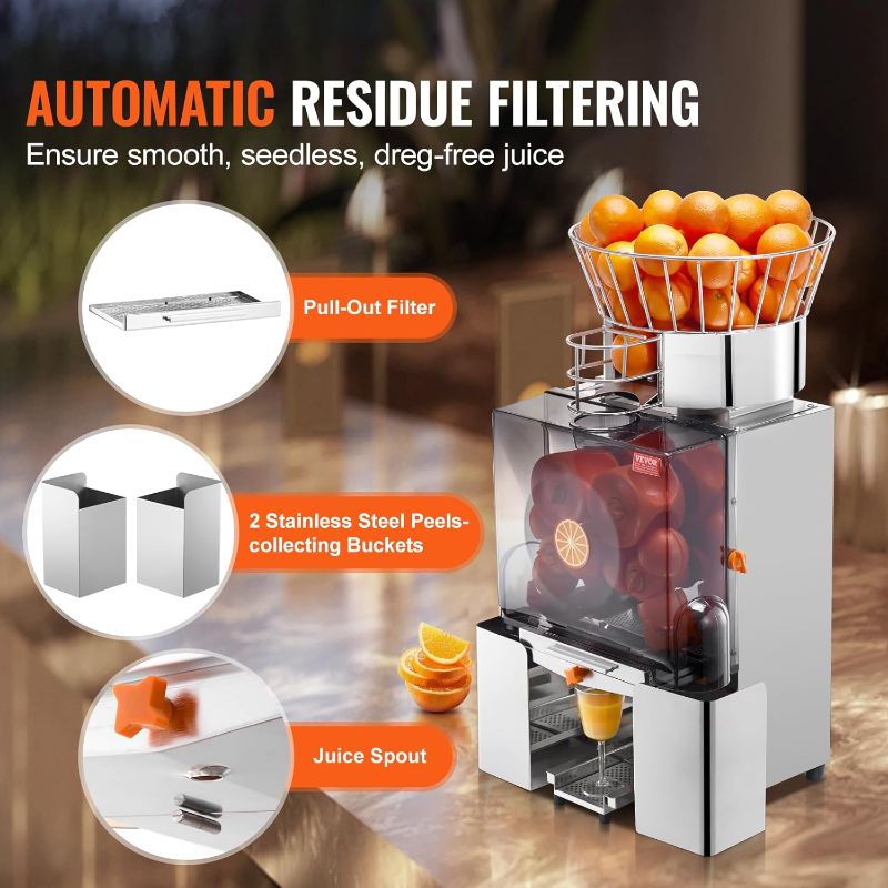 Photo 1 of  Commercial Juicer Machine, 110V Automatic Feeding Juice Extractor, 120W Orange Squeezer for 20-30 per Minute, with Pull-Out Filter Box SUS 304 Tank PP Cover and Two Peel Collecting Buckets