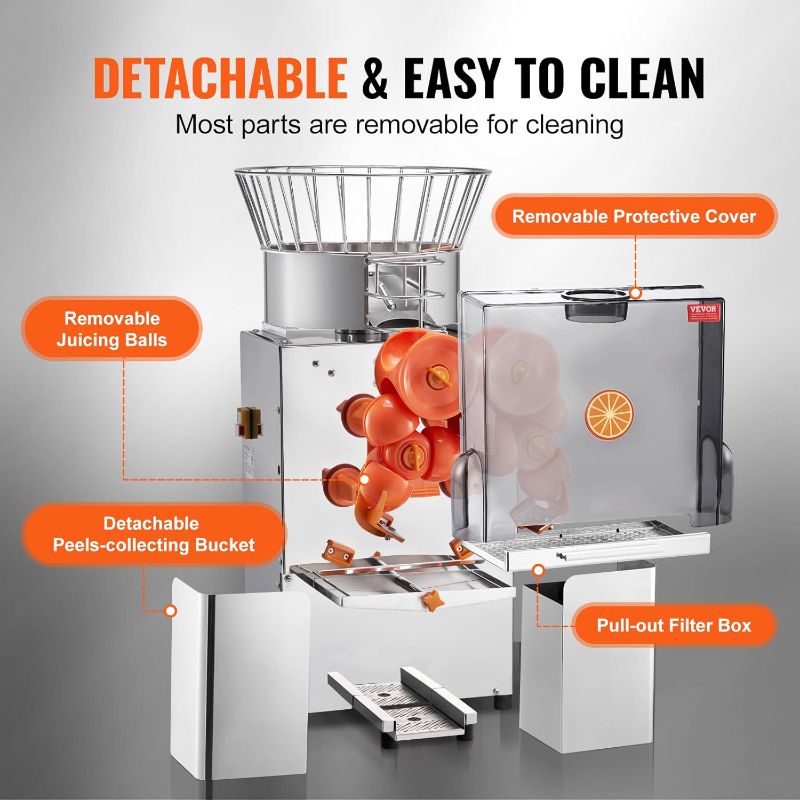 Photo 1 of  Commercial Juicer Machine, 110V Automatic Feeding Juice Extractor, 120W Orange Squeezer for 20-30 per Minute, with Pull-Out Filter Box SUS 304 Tank PP Cover and Two Peel Collecting Buckets