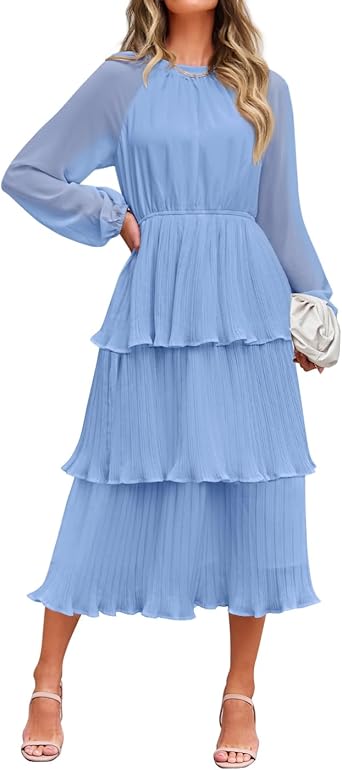 Photo 1 of ZESICA Women's 2025 Long Sleeve Crew Neck Ruffle Tiered Layered Chiffon Flowy Swing Long Midi Dress