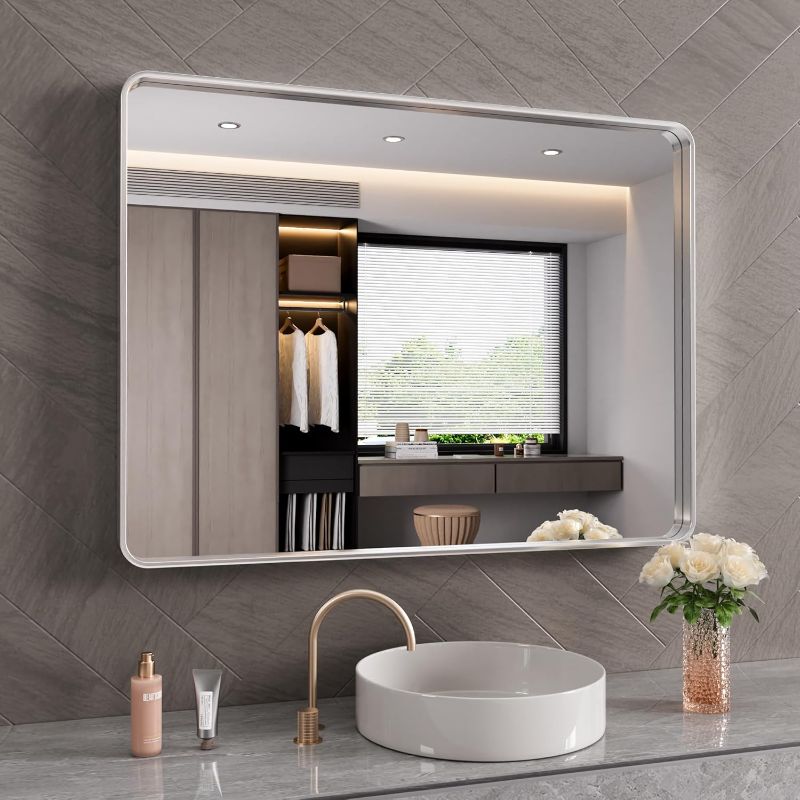 Photo 1 of 
JISOSO Brushed Nickel Bathroom Mirror 48x40 Inch, Brushed Silver Metal Frame Mirror Wall Mounted, Rounded Rectangle Bathroom Vanity Mirror, Tempered Glass,.