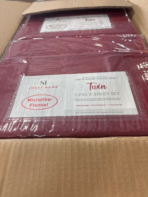 Photo 1 of **BOX OF 8 SETS**Flannel Sheets Warm and Cozy Deep Pocket Breathable All Season Bedding Set with Fitted, Flat and Pillowcases, Twin, Burgundy Red. 