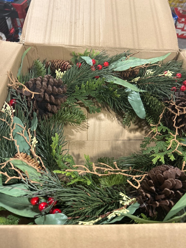 Photo 1 of 24 Inch Christmas Wreath, Christmas Wreath for Front Door Christmas Winter Wreath with Red Berries Pine Cone Eucalyptus Cedar Leaves Artificial Wreath Xmas Decorations for Indoor Outdoor Wall Decor