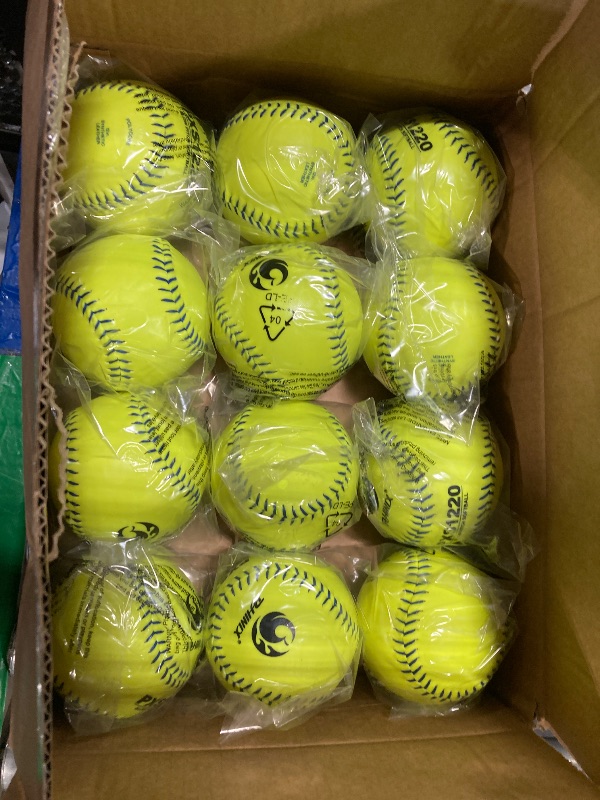 Photo 1 of 12 Pack Sports Practice Softballs, Official Size and Weight Slowpitch Softball, Unmarked Leather Covered Youth Fastpitch Softball Ball Training Ball for Games, Practice and Training (Yellow,12 Inch)