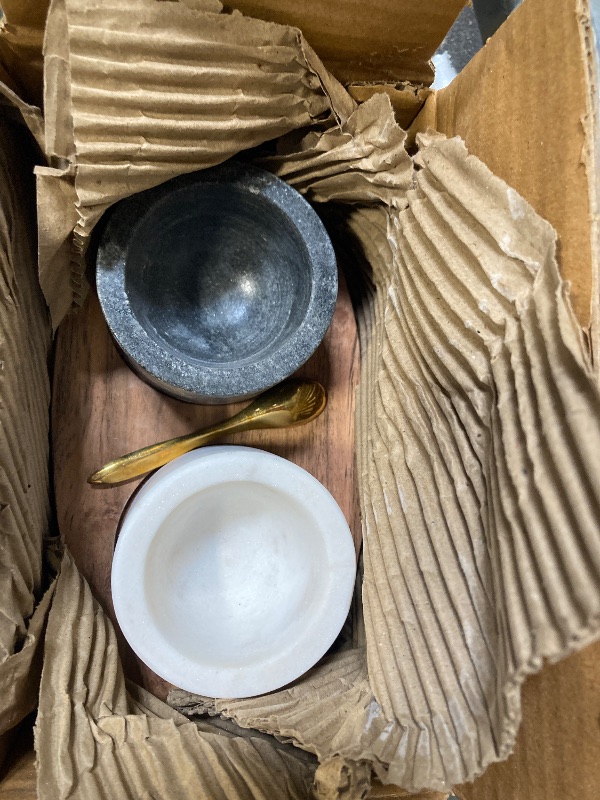 Photo 1 of Creative Co-Op 2 Marble Bowls on Mango Wood Base with Salt Spoon