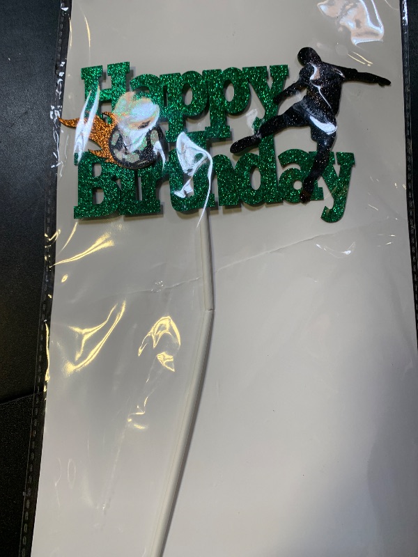 Photo 1 of YOYMARR Soccer Cake Topper Happy Birthday Sign Football Player Cake Decorations for Sport Theme Man Boy Girl Birthday Party Supplies Double Sided Green Sparkle Decor