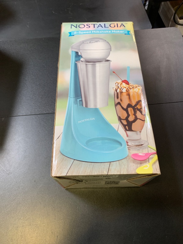 Photo 1 of Nostalgia Two-Speed Electric Milkshake Maker and Drink Mixer, Includes 16-Ounce Stainless Steel Mixing Cup & Rod, Blue