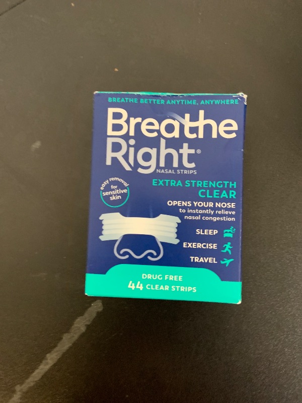 Photo 1 of Breathe Right Nasal Strips | Extra Strength | Clear | For Sensitive Skin I Drug-Free Snoring Solution & Nasal Congestion Relief Caused by Colds & Allergies | 44 Count (Packaging May Vary)