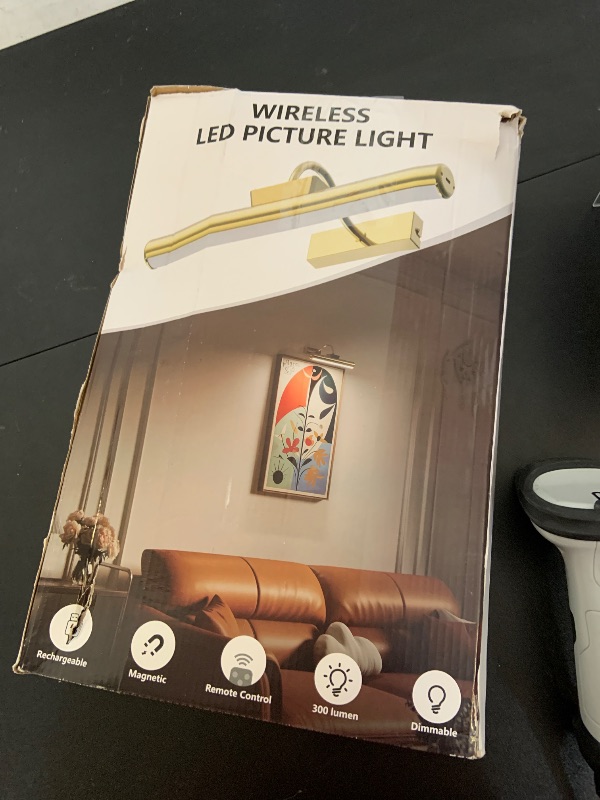 Photo 1 of Picture Light Battery Operated, 13in Wireless Art Light for Paintings, Dimmable 5000mAh Recharging Battery Picture Light with Remote Control for Wall, Gallery Dartboard Art Bedroom (Gold-2Pack)